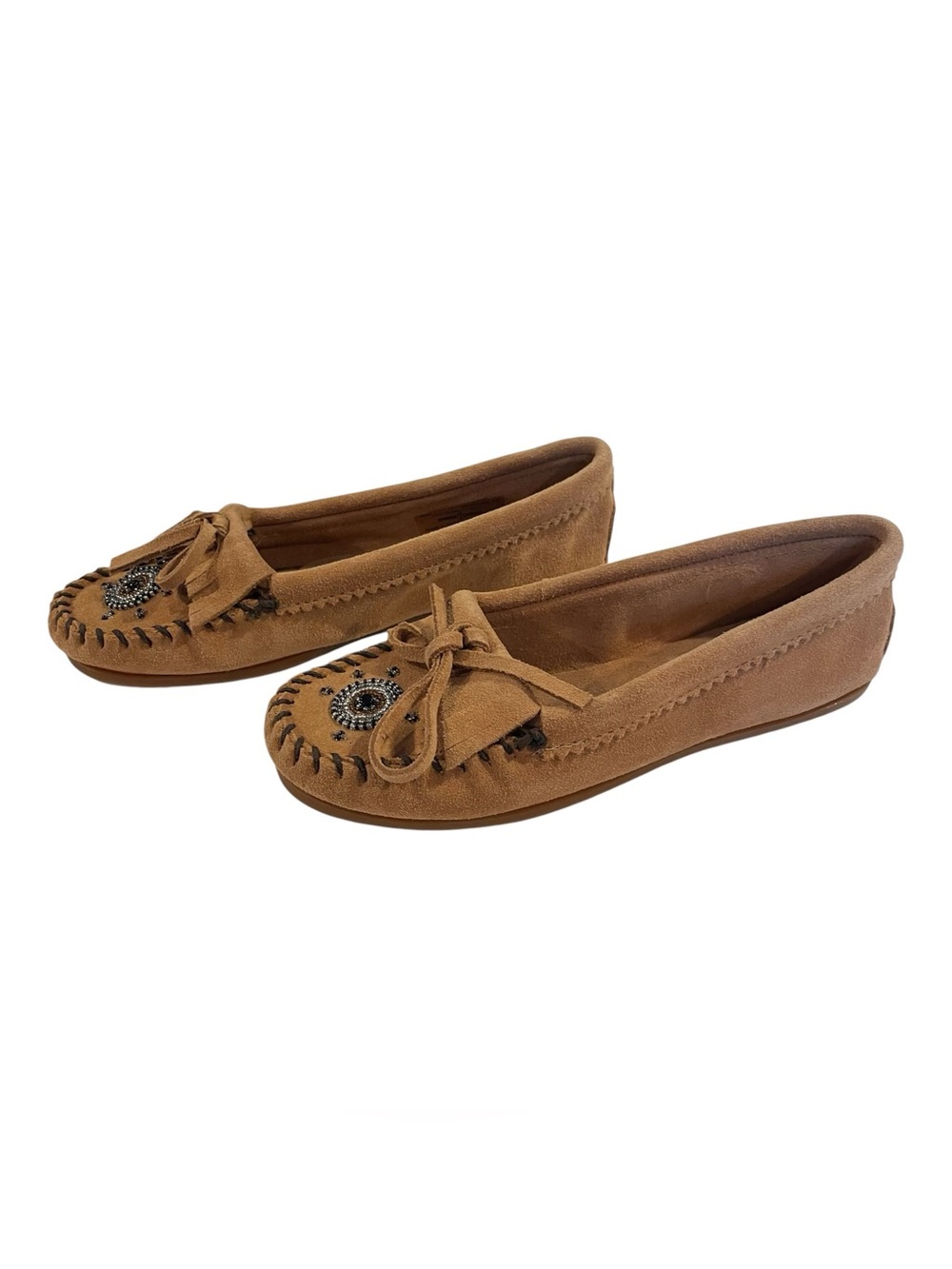 Minnetonka Me To We Moccasins Women’s 7 Hand Beaded Tan Suede Fringed Bow